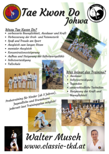 Tae Kwon Do Johwa Informationsflyer. Erklärt Fragen wie zum Beispiel: Wozu Tae Kwon Do?, Was bringt das Training? Ab wann ist ein Probetraining für Kinder, Jugendliche und Erwachsene möglich?